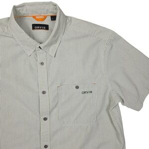 ORVIS Mens Short Sleeve Seersucker Shirt Green White Stripe Pocket Casual Size L